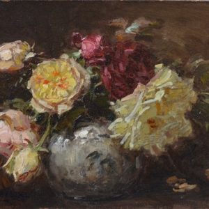 Arthur Feudel - peinture - Stilleven met Engelse rozen in een vaas