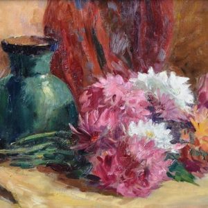Godchaux E . - peinture - Fleur nature morte aux chrysanthemes colorés